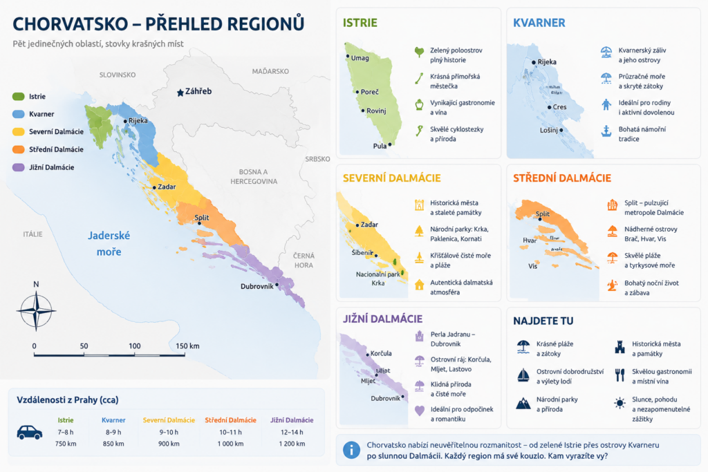 Přehledná mapa regionů Chorvatska – Istrie, Kvarner, Severní, Střední a Jižní Dalmácie
