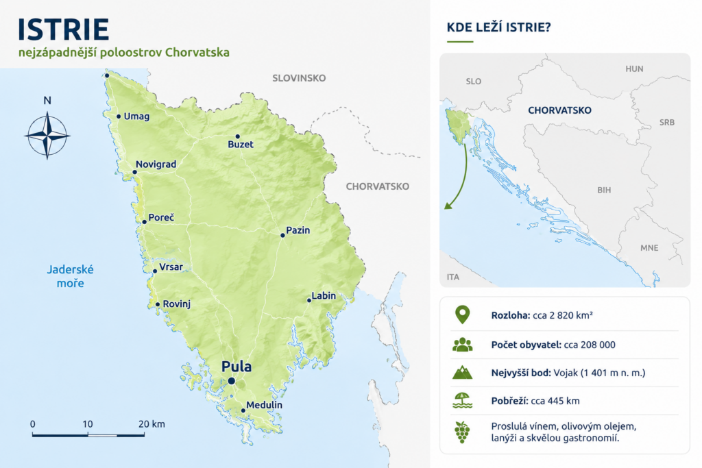 Přehledná mapa regionu Istrie s vyznačenou polohou nejzápadnější části Chorvatska