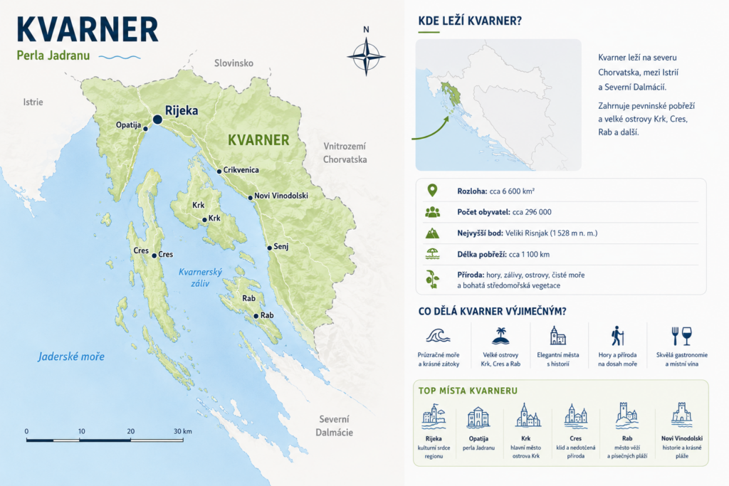 Mapa regionu Kvarner s vyznačenými hlavními letovisky a ostrovy