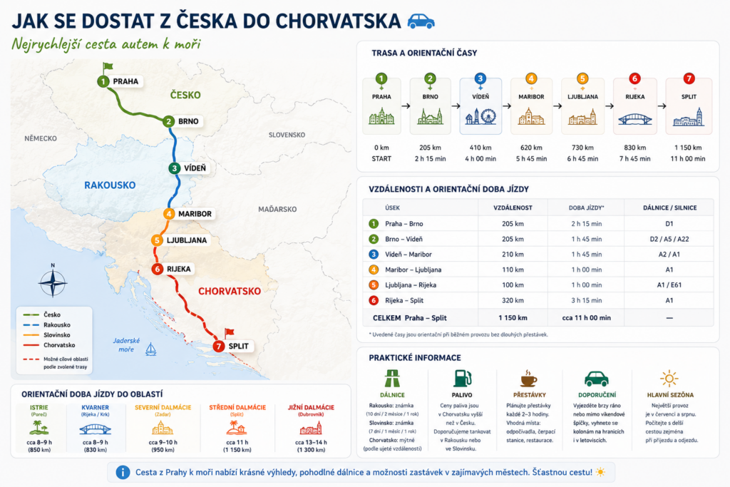 Orientační trasa autem z České republiky do Chorvatska přes Rakousko a Slovinsko