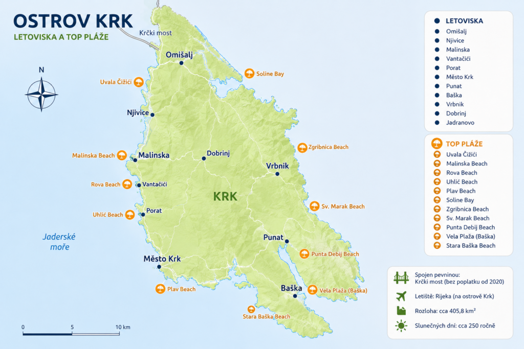 Mapa ostrova Krk s vyznačenými letovisky a nejkrásnějšími plážemi