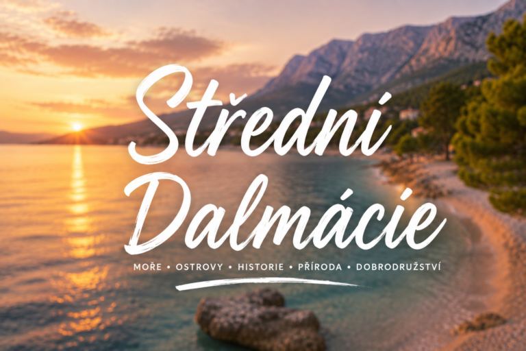 Střední Dalmácie při východu slunce s pláží Punta Rata v Brele a pohořím Biokovo
